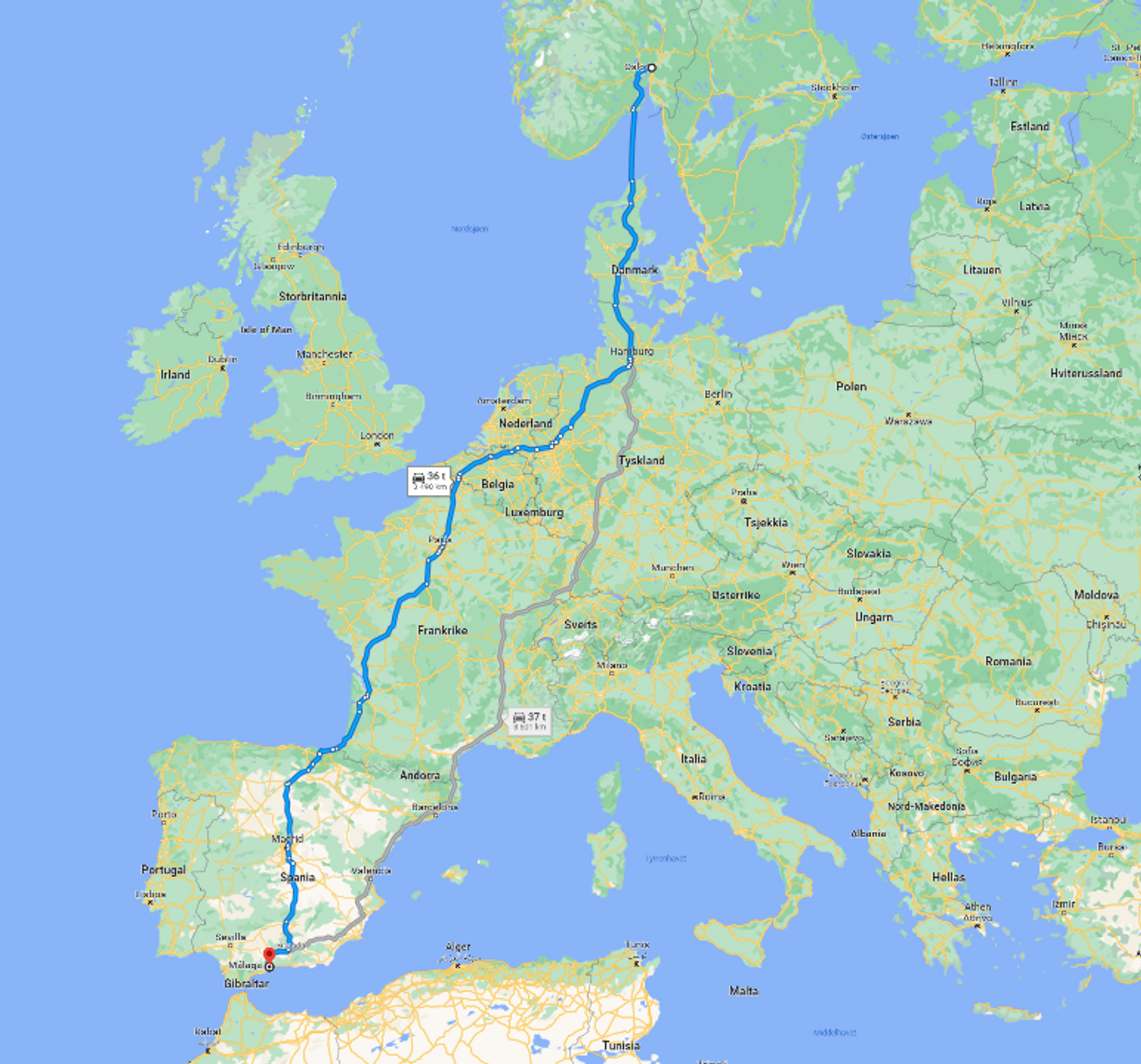 Kart med distanse Oslo til Malaga 